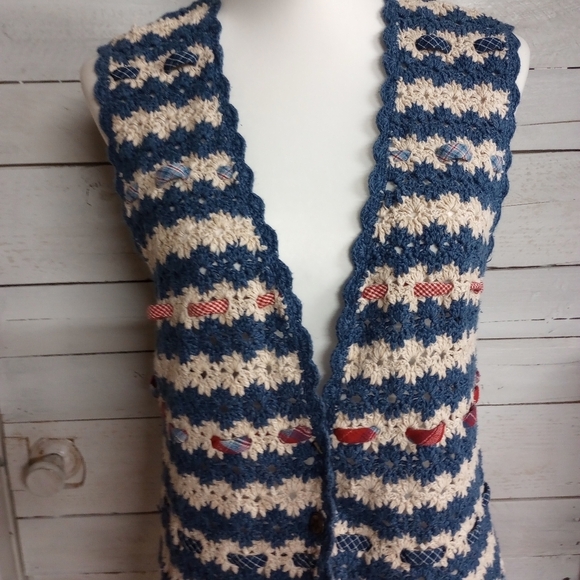 Vintage 1990s Y2K Crochet Vest Blue Cream Stripes Boho Hippie Retro - Picture 2 of 12